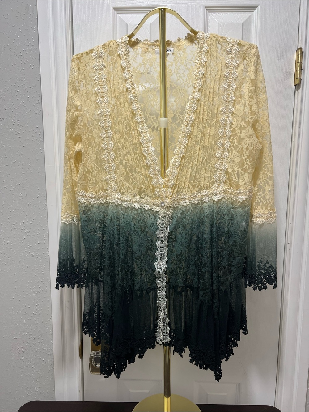 Paris Hues Vintage Y2K Lace Ombre Kimono Cardigan Duster Pine Green Cream XL - Picture 4 of 16